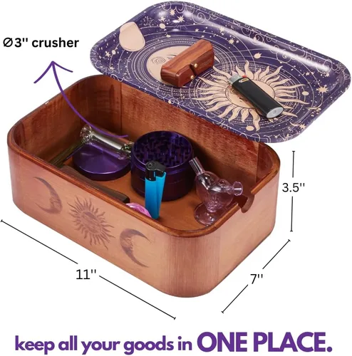 Vista 2 de Caja de almacenamiento de bambú con juego de bandeja decorativa, caja de almacenamiento compacta de madera para todos los accesorios rodantes - caja