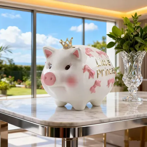 Vista 4 de Alcancía de cerámica, banco de monedas, caja de dinero de princesa corona para niña (rosa, 8.3 pulgadas de largo)