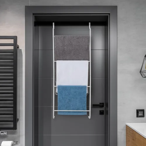 Vista 3 de MyGift - Toallero de pared en forma de escalera de metal (4.0 pies), color negro Space Saving Over Shower Door Drying Rack for Towels & Blankets