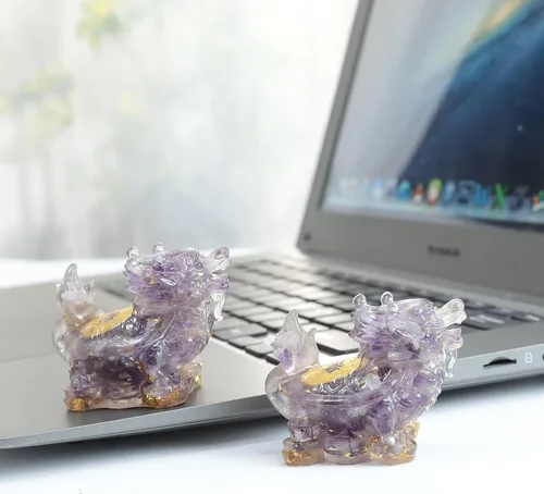 Vista 5 de SUNYIK Paquete de 2 estatuas de tortuga de dragón de cristal de resina, piedra curativa de tortuga de dragón Feng Shui, decoración para el hogar