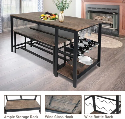 Vista 6 de Juego de mesa de comedor rectangular marrón rústico de 3 piezas con banco, 55 pulgadas de largo x 25.2 pulgadas de ancho, juego de comedor moderno