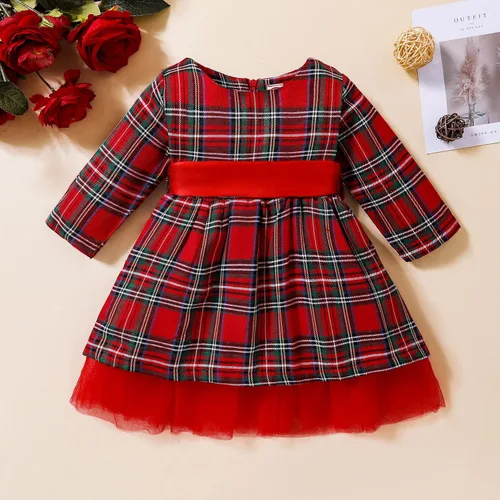 Vista 2 de Vestido de moda tutú para niños y niñas, traje de Navidad rojo a cuadros vestido de manga larga