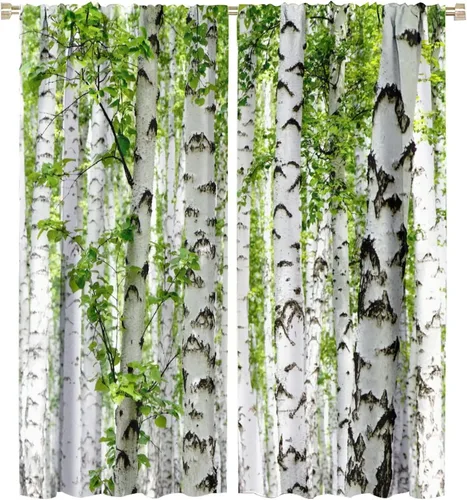 Vista 70 de Cortina opaca de bosque de verano, diseño de ramas de bosque, con bolsillo para barra, cortinas farbic con bolsillo para barra, comedor, cafetería