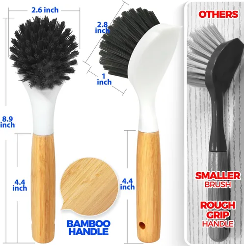 Vista 6 de Holikme Paquete de 3 cepillos para platos con mango de bambú, color negro