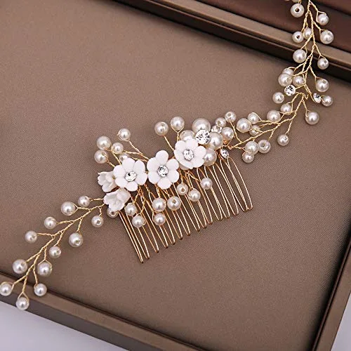 Vista 3 de Kercisbeauty Peines de pelo de perlas para mujer, para novia, color dorado, diadema de rosa, para graduación, ocasión especial, joyería