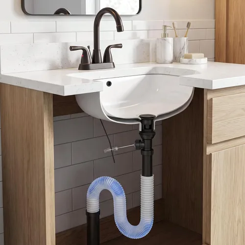 Vista 3 de ARCORA - Drenaje de lavabo con desbordamiento, tapón de lavabo de baño con varilla de elevación, drenaje mate negro para lavabo de recipiente