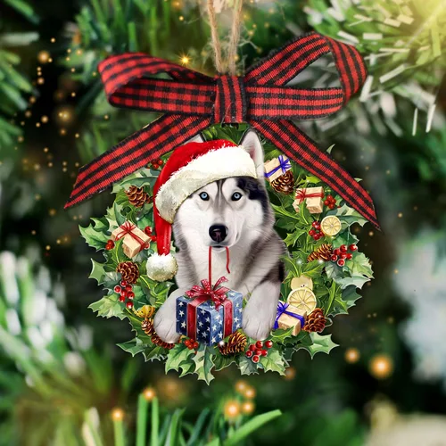 Vista 12 de Talataca Adorno de Navidad Plano 2D de Husky, Cajas de Regalo de Husky, Decoración de Árbol de Pino, Adorno Colgante de Casa para la Víspera