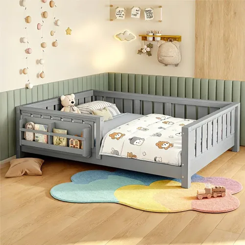 Vista 11 de Marco de cama Montessori Twin con estantería y barandillas, color beige
