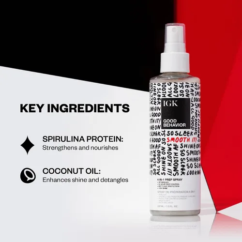 Vista 3 de IGK GOOD BEHAVIOR Spray Preparador 4 en 1 Deja en + Desenreda + Protector térmico Vegano + Sin crueldad 7 onzas