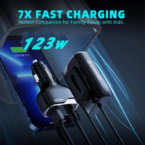 Vista 2 de 6 Puertos Múltiples Cargador de Coche USB C, Adaptador de Carga Rápida de Coche de 123W, PD 45W Compatible con iPhone17/Galaxy/Samsung S25, Cargador