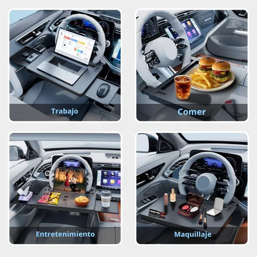 Vista 2 de Bandeja para volante, bandeja de comida para automóvil, escritorio de automóvil para laptop, mesa multiusos para comer y trabajar, bandeja ajustable