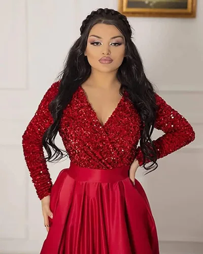 Vista 4 de YMSHA Vestido de fiesta de graduación con lentejuelas brillantes para mujer, con bolsillos, manga larga, satén, vestido de noche formal con abertura