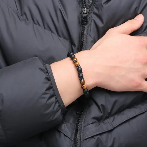 Vista 2 de JoycuFF Pulseras curativas de ojo de tigre para hombres, 0.315 pulgadas, piedra de ágata negra mate para padre, hermano, hijo, novio
