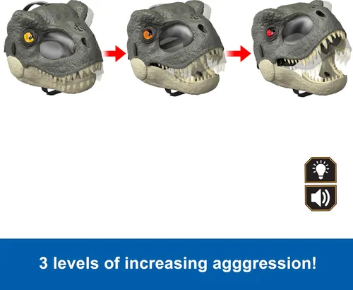 Vista 8 de Mattel Jurassic World Rebirth T-Rex Rage N Roar Máscara con ojos LED que se iluminan, acción de parpadeo con efecto de agresión de 3 niveles