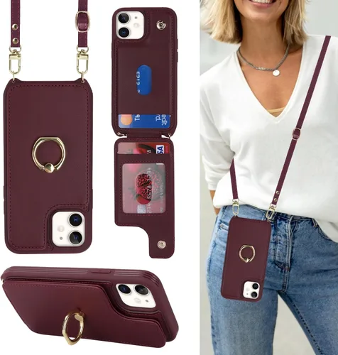 Vista 20 de Lipvina Funda tipo cartera cruzada para iPhone 12 Mini con correa, color negro