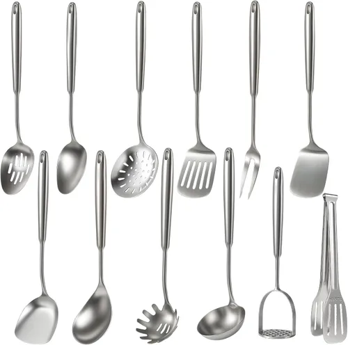 Vista 13 de Newness - Juego de utensilios de cocina de acero inoxidable 304, accesorios de cocina de metal, incluye cucharón de sopa, cuchara ranurada, cuchara