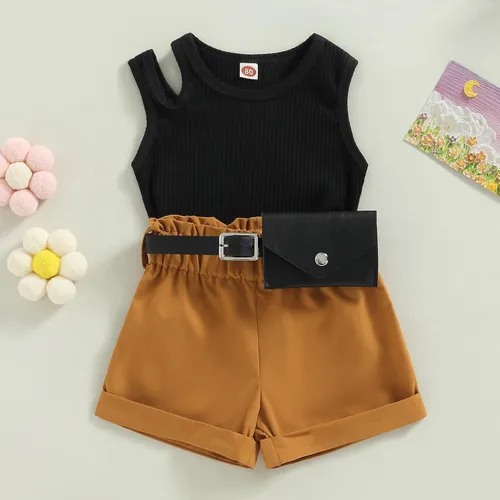 Vista 15 de Adobabirl Conjunto de ropa de verano para niña pequeña, sin mangas, acanalada, top halter y pantalones cortos, ropa de moda para niños con cinturón