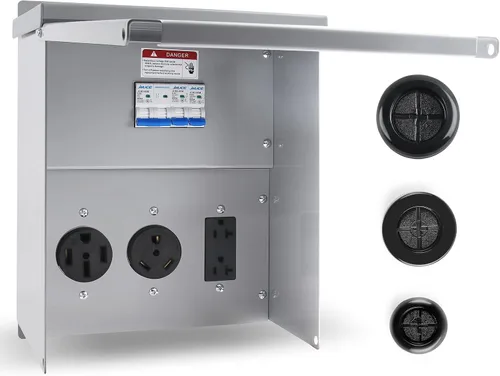 Vista 9 de Newdeli Caja de toma de corriente de 50 amperios NEMA 14-50R Rv Panel de toma de corriente eléctrica de 125/250 voltios, caja de salida impermeable