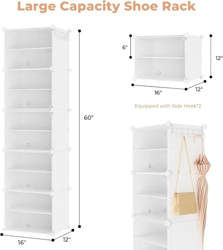Vista 3 de Zapatero de 10 niveles para almacenamiento de 20 pares de zapatos con puerta, organizador de zapatos alto de plástico, libre de pie, expandible