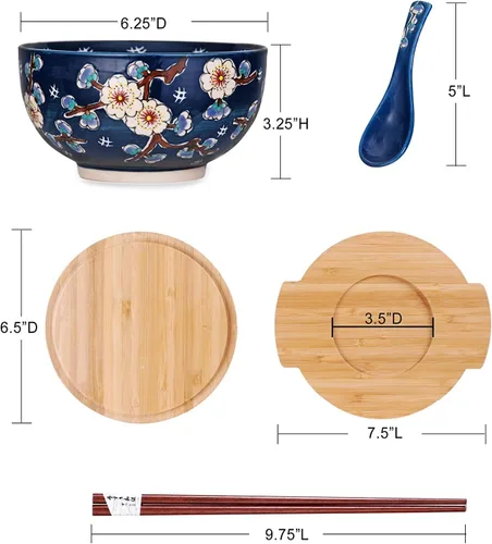 Vista 3 de Happy Sales HSKM-CHRYB8, juego de tazón para ramen, fideos de arroz estilo vintage japonés Kamameshi con tapa de bambú, esterilla, palillos
