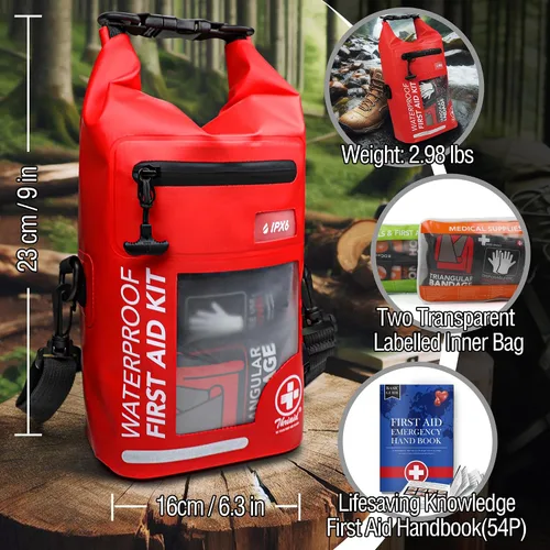 Vista 7 de Kit de primeros auxilios impermeable de 250 piezas, bolsa seca reflectante con tapa enrollable para barco, bolsas de emergencia, kit médico