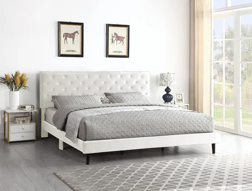 Vista 11 de Base de cama de plataforma tapizada completa con cabecero ajustable de 48 pulgadas de alto, cama de terciopelo de gamuza copetuda con botones