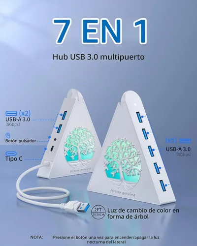 Vista 2 de Hub USB 3.0 de 7 puertos, divisor de concentrador USB vertical blanco con iluminación RGB en forma de árbol, transferencia de alta velocidad de 5