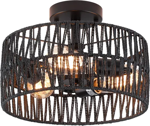 Vista 14 de Accesorio de Lámpara de Techo Empotrada Tejida en Oro Antiguo Costero, Luz de Techo Semi Empotrada Rústica Boho de Cuerda de Cáñamo Latón
