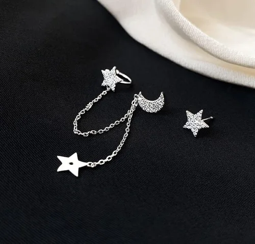 Vista 5 de SLUYNZ - Aretes de plata esterlina 925 para mujer, asimétricos, aretes de estrella y luna, cadena con dije