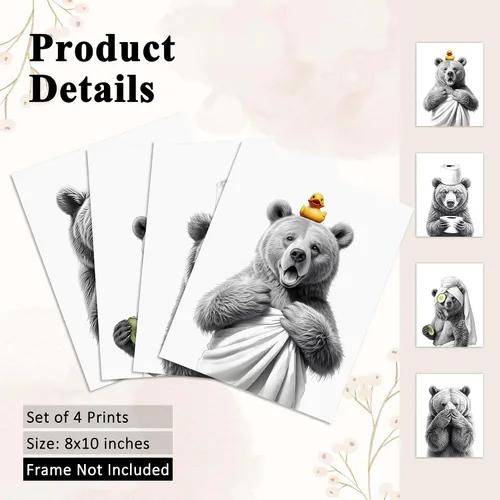 Vista 6 de OFJE Juego de 4 impresiones artísticas divertidas de oso para pared, divertidas imágenes de oso para baño, baño, baño, 8 x 10 pulgadas, sin marco