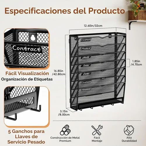Vista 2 de Organizador de archivos de pared de 8 niveles con gancho Negro
