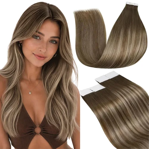 Vista 58 de LaaVoo - Extensiones de cabello humano con cinta adhesiva, color marrón a rubio ceniza, extensiones de cabello humano real, cintas en extensiones