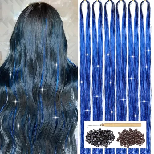 Vista 14 de Kit de oropel de cabello negro con herramienta, 6 piezas, 1200 hebras de extensiones de cabello de oropel con purpurina, resistentes al calor