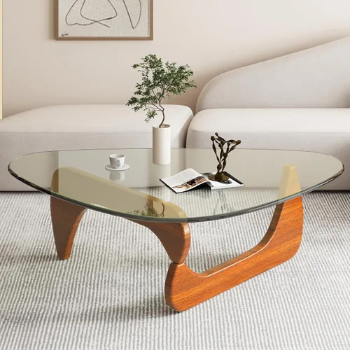 Vista 9 de Mesa auxiliar moderna Mid-Century con parte superior triangular de vidrio transparente y base de madera maciza, mesa auxiliar moderna para sala