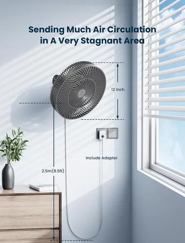 Vista 6 de Ventilador oscilante de montaje en pared de 12 pulgadas con control remoto y temporizador, ventilador silencioso de 4 velocidades