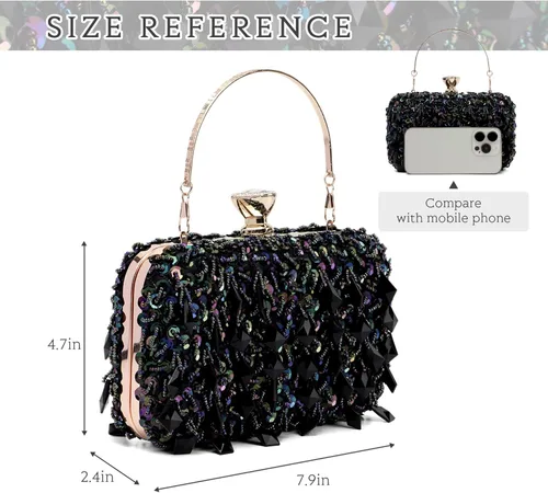 Vista 3 de Oweisong Bolso de mujer con diamantes de imitación de cristal negro para boda, bolso de hombro con cuentas de diamantes brillantes para graduación