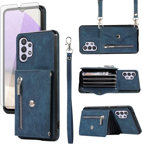 Vista 10 de Funda para teléfono Samsung Galaxy A32 5G 2021 de 6.5 pulgadas con correa cruzada para muñeca, cordón, soporte para tarjeta de crédito, accesorios
