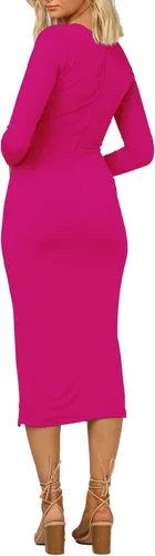 Vista 2 de LYANER Vestido midi ajustado de manga larga con cuello redondo y dobladillo dividido para mujer