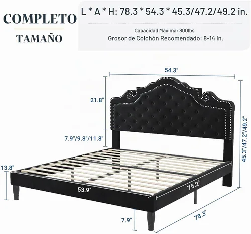 Vista 2 de Allewie Base de cama tamaño completo con cabecero de tiara de terciopelo ajustable, cama plataforma tapizada con botones de diamante capitoné Negro