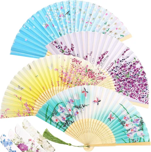 Vista 19 de Zonon 4 Pack de abanicos de mano florales plegables, abanicos de seda de bambú con borla para mujer, abanico de mano hueco plegable con funda