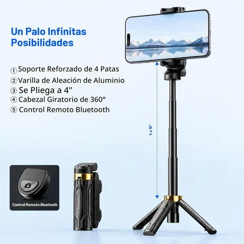 Vista 2 de Mini Selfie Stick Tripod, 4" Pocket-Sized Selfie Stick with Bluetooth Remote, 4-Leg Reinforced Stand, 360° Rotation, 3.8 oz Lightweight for