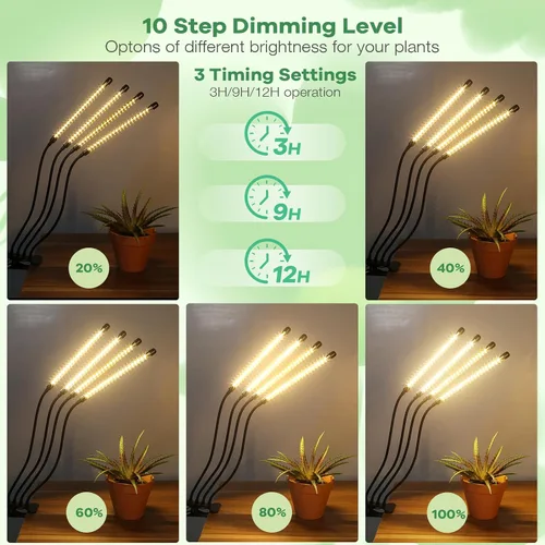 Vista 3 de Luces LED de cultivo, luz de planta de espectro completo con 4 cabezas y abrazadera para plantas de interior y arranque de semillas, 10 niveles