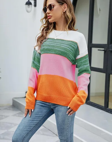 Vista 6 de LIFOER - Suéter de manga larga con bloques de color para mujer, suéter de punto de retazos, suéter casual con cuello redondo