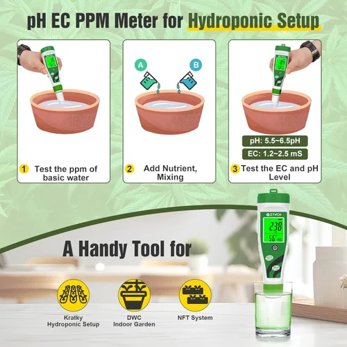 Vista 6 de Medidor de pH EC TDS para nutrientes hidropónicos de agua con solución de calibración de pH 4.00 de 8.4 oz y solución de calibración pH 7.00 de 8.4