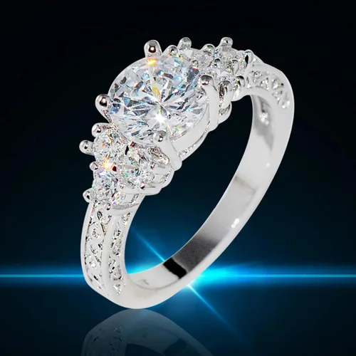 Vista 4 de Anillo de plata de diamante de lujo, anillo de compromiso, anillo de boda, anillo de circonita, joyería para tu princesa, Metal, Sin piedras