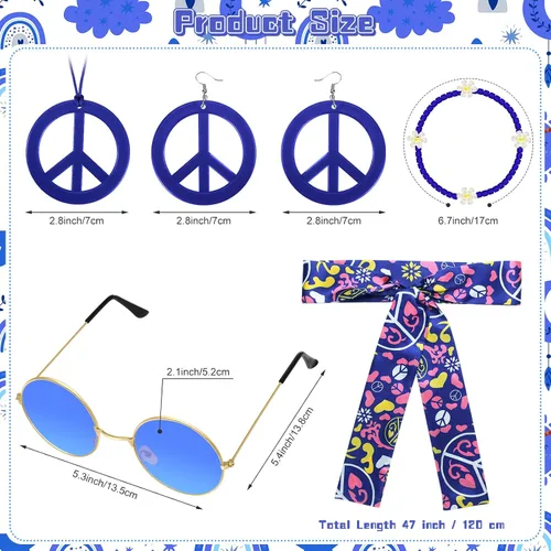 Vista 2 de Batiyeer 6 piezas de accesorios hippie para mujer, aretes bohemios con signo de la paz de los años 60 y 70, trajes para mujer, recuerdo de fiesta