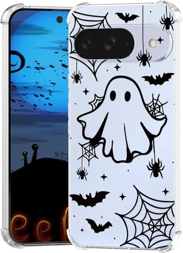 Vista 43 de Funda de Halloween para Google Pixel 6A transparente con diseños de murciélagos fantasmas, funda para teléfono para niñas, elegante, delgada, a