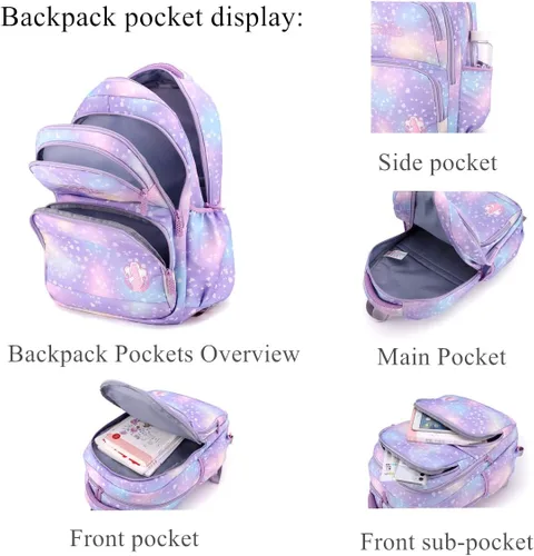 Vista 3 de EKUIZAI Colorido corazón impresión Trolley mochila escuela primaria estudiantes Rolling Bookbag lindo niñas mochila con ruedas, púrpura, Classic