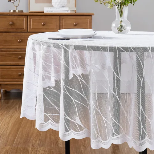 Vista 5 de DECOPOTS Mantel redondo de lino de encaje de 70 pulgadas de diámetro, mantel redondo con diseño moderno de rayas, funda para mesa de comedor
