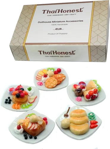 Vista 4 de Juego de platos de postre en miniatura, 5 golosinas de arcilla hechas a mano con panqueques, gofres y helados, a escala 1:6, comida coleccionable